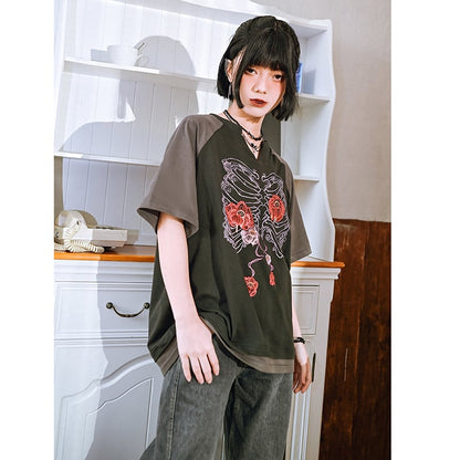 【古怪舍---花骨シリーズ】チャイナ風 半袖 Tシャツ プリント 個性的 オリジナル Vネック コットン トップス