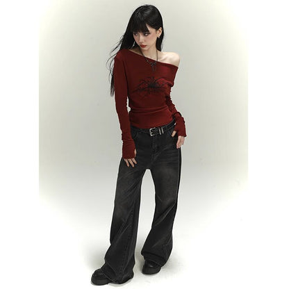 【LADYGHOSTシリーズ】オフショルダー セクシー トップス 個性的 ワインレッド 赤 着回ししやすい 公爵の服