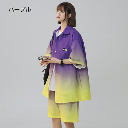 【藤伊曼シリーズ】4色 セットアップ 半袖シャツ + 短パン 男女兼用 大きいサイズ グラデーション