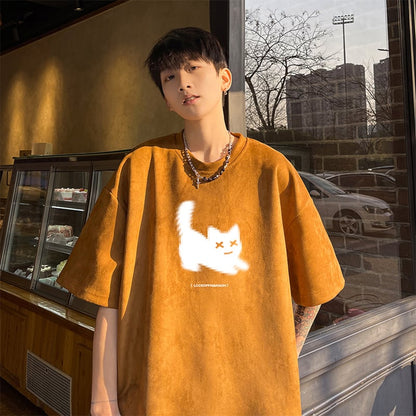 【NANSHIシリーズ】5色展開 Tシャツ 半袖 トップス 男女兼用 大きいサイズ スエード 猫柄 ねこ ネコ