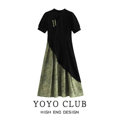 【YOYO CLUBシリーズ】チャイナ風ワンピース チャイナドレス フェイクレイヤード 切り替え 大きいサイズ 黒 緑 レディースファッション