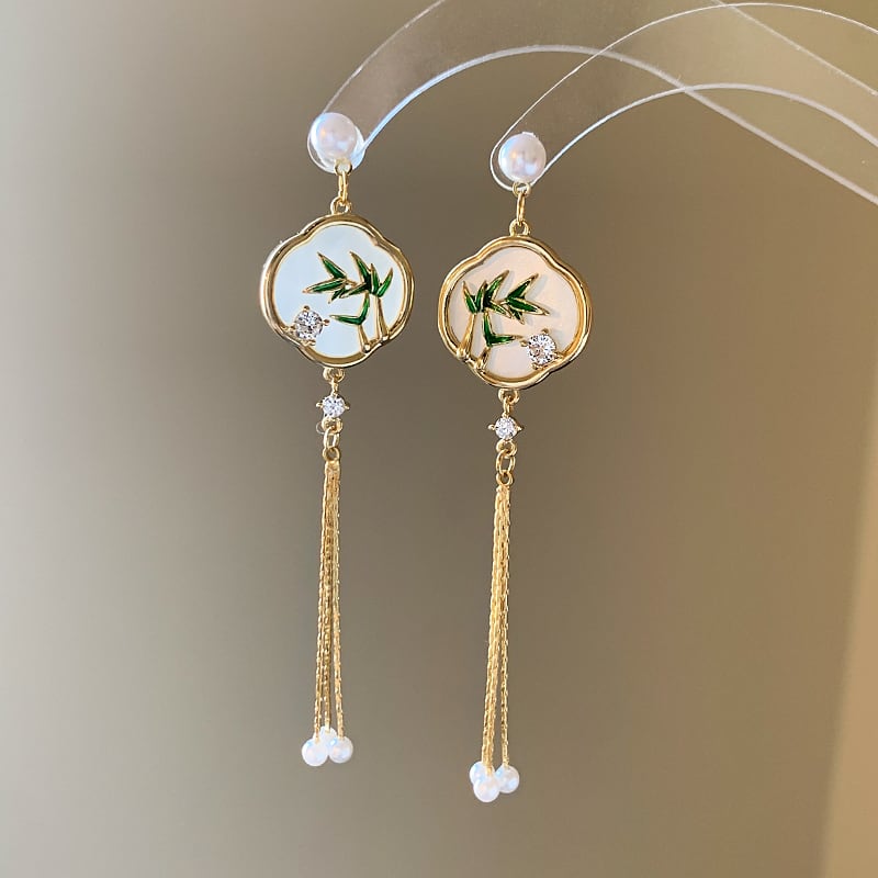 【PRCDCシリーズ】チャイナ風耳飾り 竹柄ピアス ペア レディース フリンジ グリーン アクセサリー