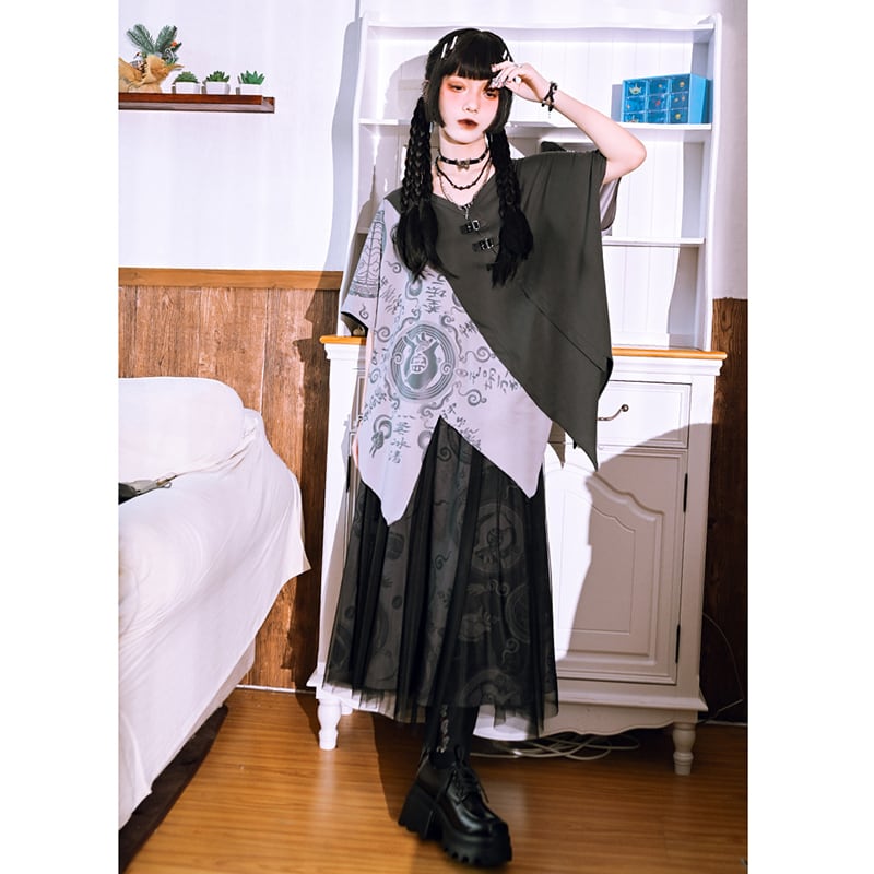 【古怪舍---清心訣シリーズ】★チャイナ風トップス★ 半袖 Tシャツ 個性的 オリジナル 不規則 コットン プリント