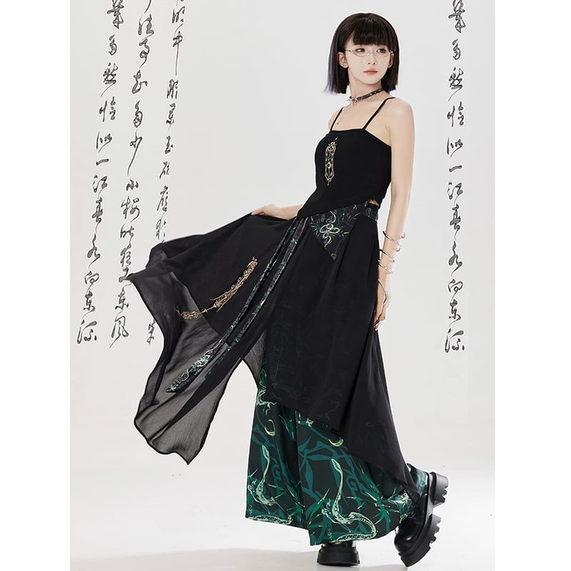 【卿棠---幽篁玉京シリーズ】チャイナ風キャミソール 刺繍入り レディース セクシー ブラック トップス