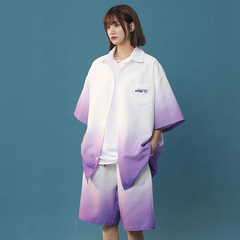 【藤伊曼シリーズ】4色 シャツ+短パン セットアップ 半袖 男女兼用 大きいサイズ グラデーション