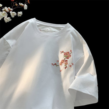 【VESIBOシリーズ】チャイナ風 半袖 Tシャツ 刺繍 花柄 梅の花 男女兼用 メンズ レディース ブラック ホワイト