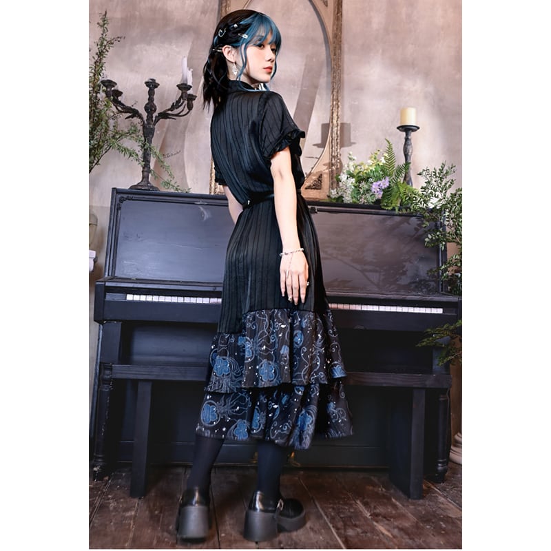【古怪舍---藍眼淚シリーズ】チャイナ風半袖ワンピース 漢服 切り替えデザイン ブラック