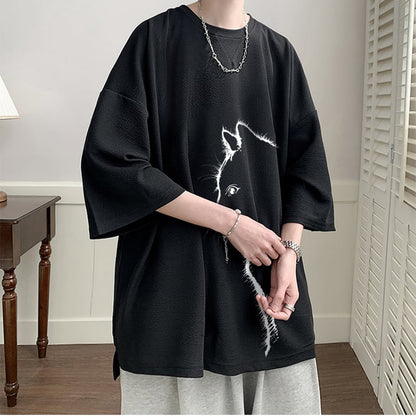 【CEXUシリーズ】3色展開 七分袖 Tシャツ 男女兼用 大きいサイズ 猫柄 黒 白 青