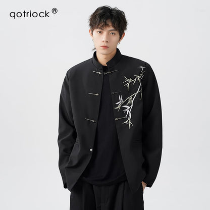 【QOTRIOCKシリーズ】チャイナ風ジャケット 男女兼用 メンズ 竹柄 ブラック カジュアル アウター