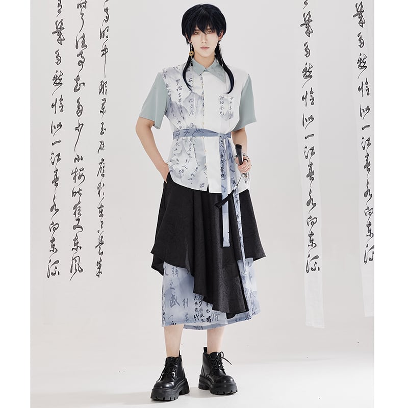 【卿棠---幽篁玉京シリーズ】チャイナ風 キュロットスカート カジュアル 切り替え ボトムス 男女兼用 メンズ 漢字柄