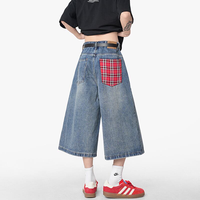 【KADISHOUシリーズ】カジュアルパンツ 七分丈 ズボン ボトムス 男女兼用 チェック柄 ブルー ブラック 2色展開