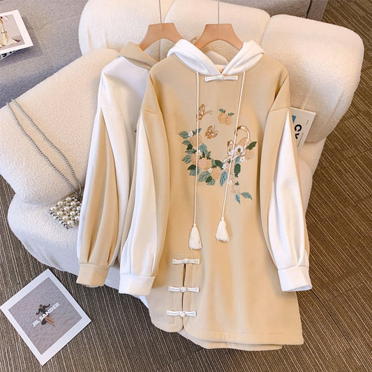 【篱笆外有只猫シリーズ】チャイナ風刺繍入りワンピース 2色展開 可愛い配色 レトロ M L XL 2XL 3XL