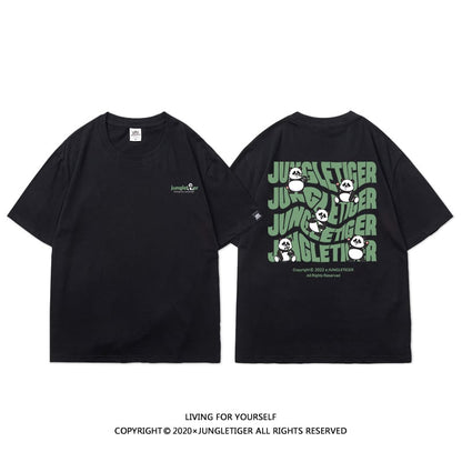 【JUNGLETIGERシリーズ】Tシャツ 5色 トップス 半袖 男女兼用 メンズ コットン 黒 白 灰 緑 パンダ