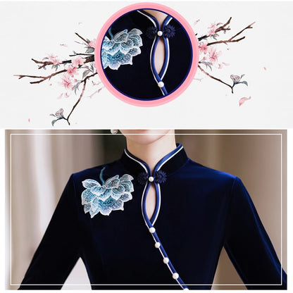 【JINYUANシリーズ】チャイナドレス 2色 ベルベット 刺繍 ワンピース レディース 着痩せ 스타일