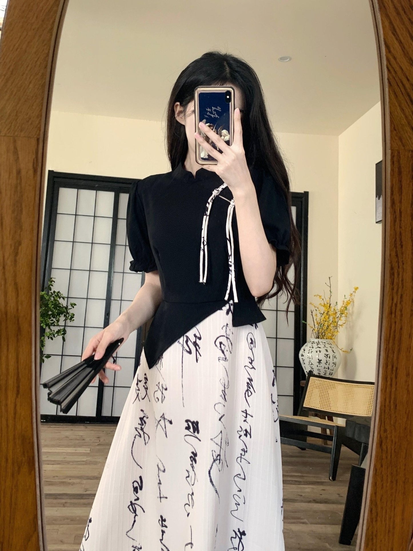 【DONGXIAOJIEシリーズ】★チャイナ風ワンピース★ 文字柄 リボン 夏服 フェイクレイヤード 大きいサイズ 着痩せ - ChinChic