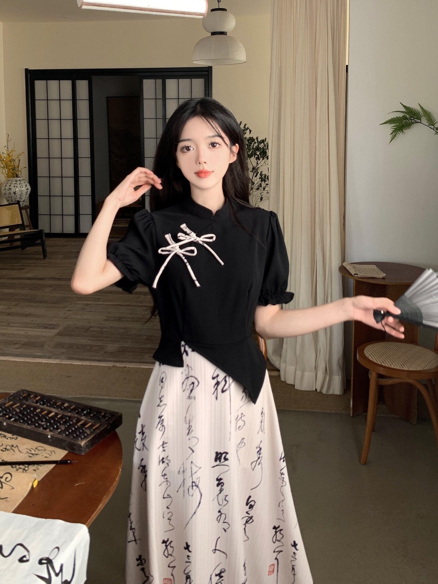 【DONGXIAOJIEシリーズ】★チャイナ風ワンピース★ 文字柄 リボン 夏服 フェイクレイヤード 大きいサイズ 着痩せ - ChinChic