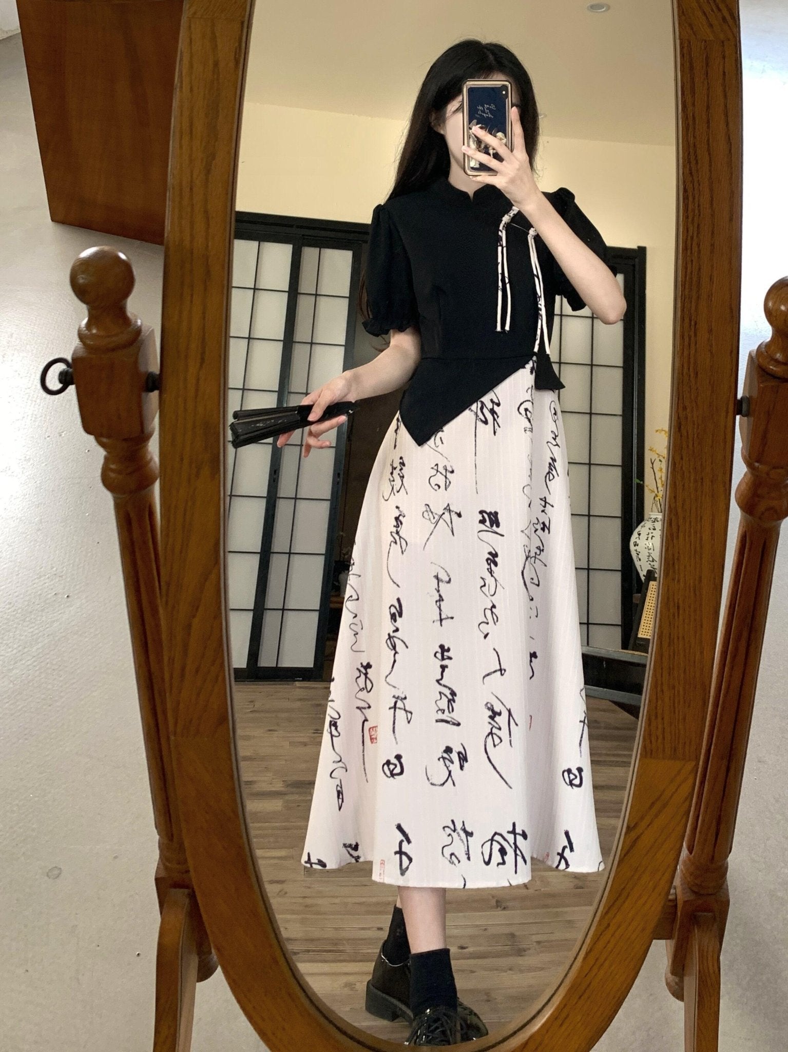 【DONGXIAOJIEシリーズ】★チャイナ風ワンピース★ 文字柄 リボン 夏服 フェイクレイヤード 大きいサイズ 着痩せ - ChinChic