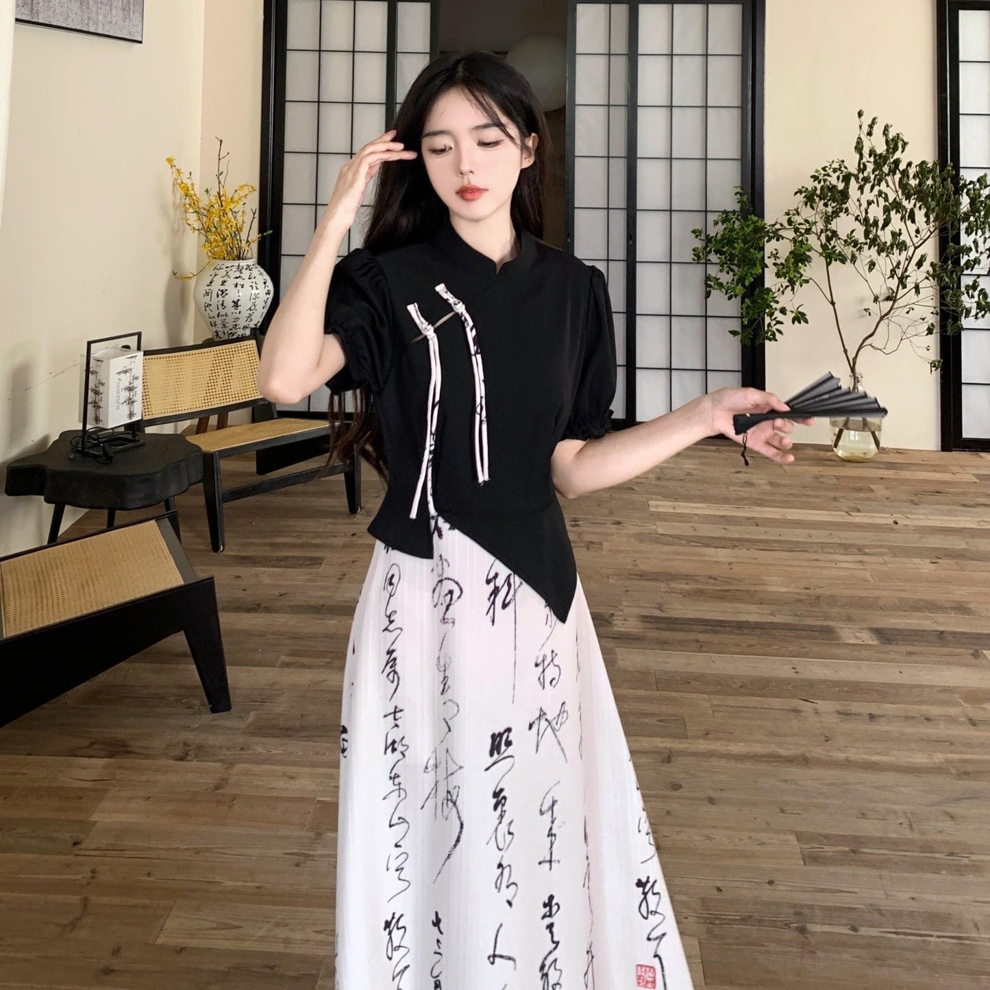 【DONGXIAOJIEシリーズ】★チャイナ風ワンピース★ 文字柄 リボン 夏服 フェイクレイヤード 大きいサイズ 着痩せ - ChinChic