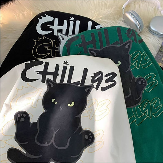 【KADISHOUリーズ】猫 半袖 Tシャツ 5色 大きいサイズ コットン 男女兼用 トップス 黒 白 緑 灰