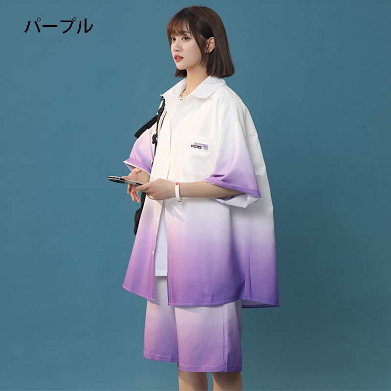 【藤伊曼シリーズ】4色 シャツ+短パン セットアップ 半袖 男女兼用 大きいサイズ グラデーション