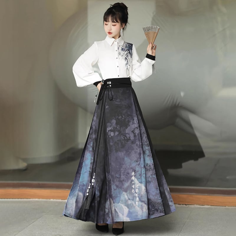 【塵煙雲夢---畫影シリーズ】チャイナ風シャツ トップス 中華服 長袖シャツ 普段着 水墨柄 可愛い おしゃれ