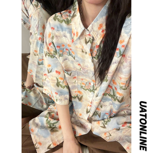 【UATONLINEシリーズ】半袖花柄アロハシャツ 男女兼用 メンズカジュアル 夏服 ートップス アプリコット