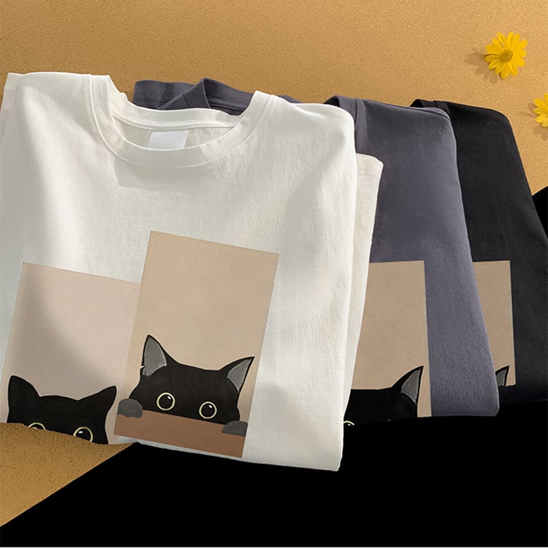 【SENSUシリーズ】長袖Tシャツ 男女兼用 大きいサイズ 5色 猫 プリント コットン