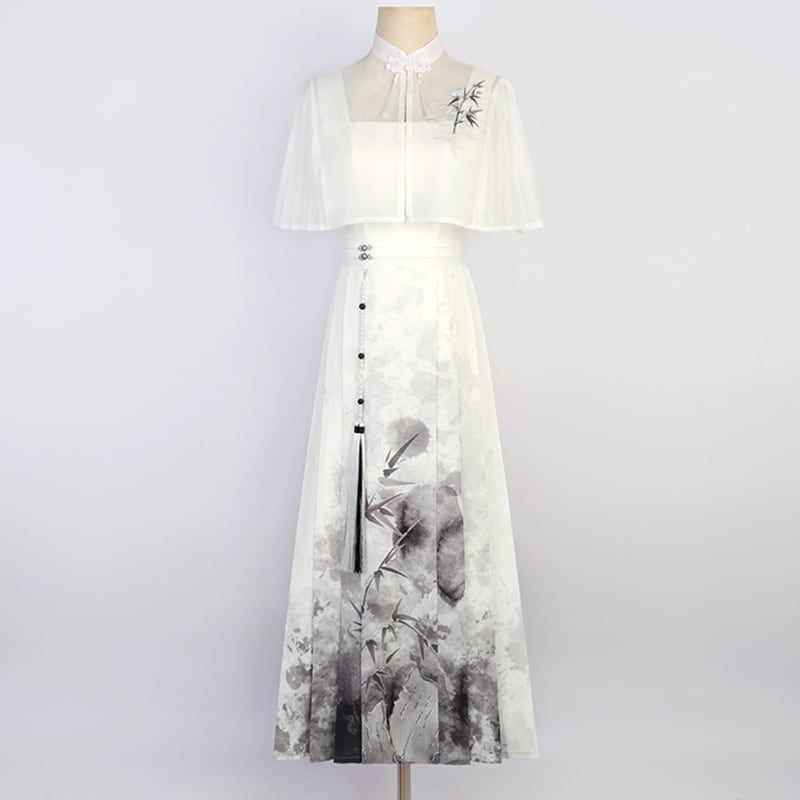 【停云落月---水墨寒江シリーズ】チャイナ風ワンピースセット 中華服 つりワンピース＋トップス 水墨柄