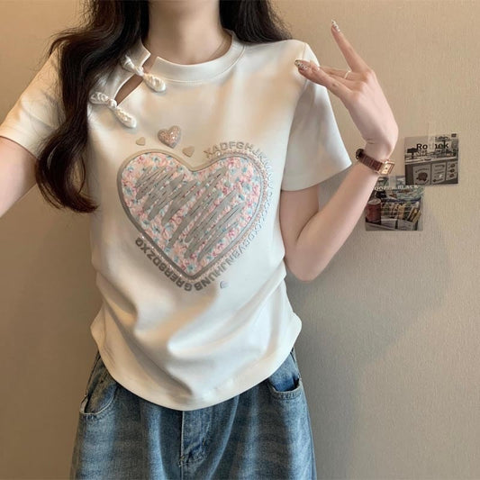 【RHJLシリーズ】チャイナ風トップス レディース Tシャツ チャイナボタン 大きいサイズ 2色展開