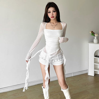 【KLIOUシリーズ】2色 Tシャツ チュール セクシー レディース 着痩せ ブラック ホワイト 黒 白 不規則