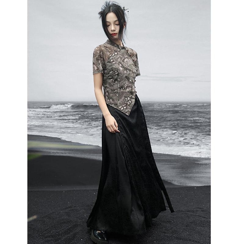 【大青龍肆シリーズ】チャイナ風 半袖トップス Tシャツ 蝶々柄 レトロデザイン 薄手 着痩せ 快適 ファッション