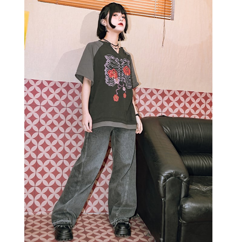 【古怪舍---花骨シリーズ】チャイナ風 半袖 Tシャツ プリント 個性的 オリジナル Vネック コットン トップス