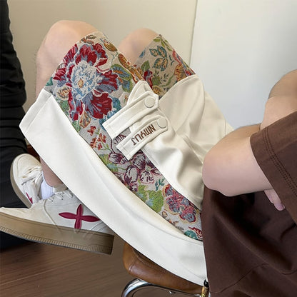 【ZHEYUANシリーズ】チャイナ風ズボン 3色 ボトムス ショートパンツ 男女兼用 大きいサイズ 花柄 切り替え