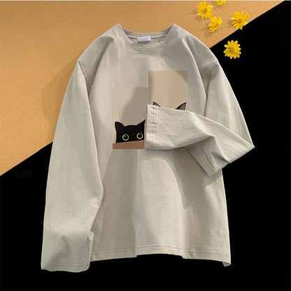 【SENSUシリーズ】長袖Tシャツ 男女兼用 大きいサイズ 5色 猫 プリント コットン