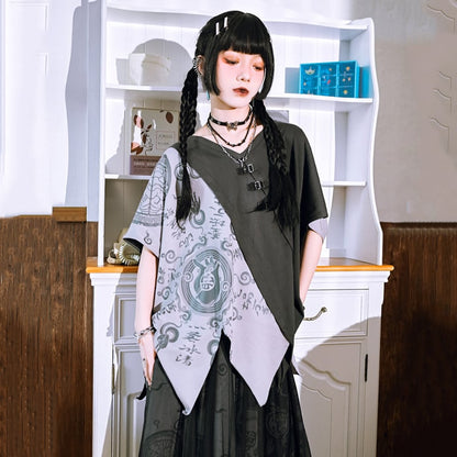 【古怪舍---清心訣シリーズ】★チャイナ風トップス★ 半袖 Tシャツ 個性的 オリジナル 不規則 コットン プリント