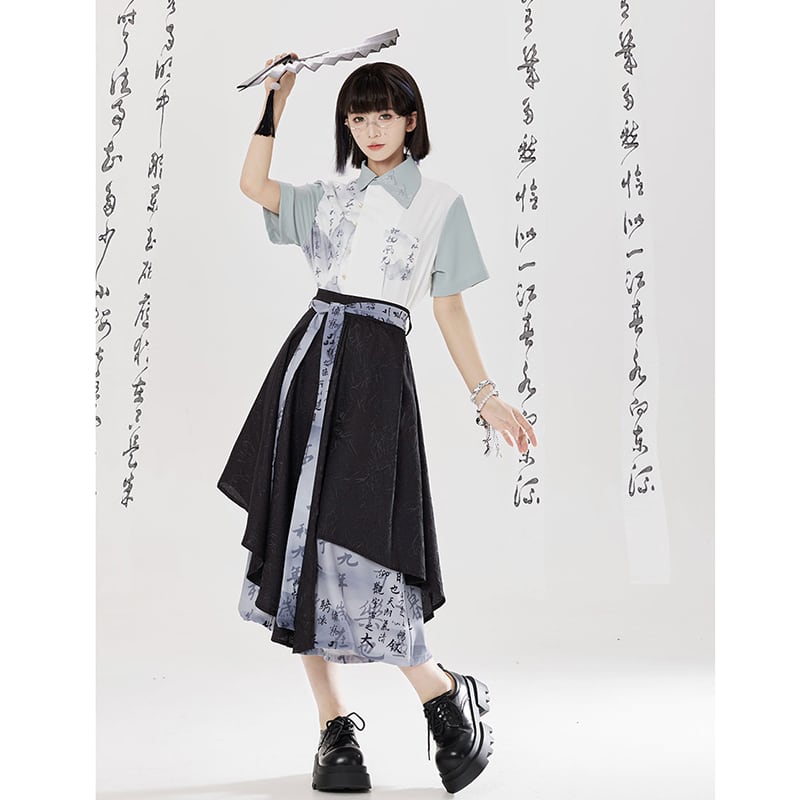 【卿棠---幽篁玉京シリーズ】チャイナ風 キュロットスカート カジュアル 切り替え ボトムス 男女兼用 メンズ 漢字柄
