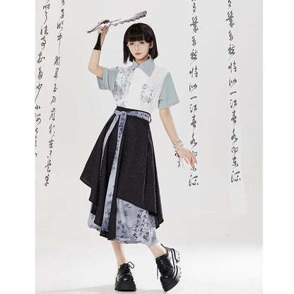 【卿棠---幽篁玉京シリーズ】チャイナ風 キュロットスカート カジュアル 切り替え ボトムス 男女兼用 メンズ 漢字柄