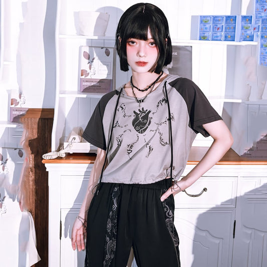 【古怪舍---清心訣シリーズ】チャイナ風トップス Tシャツ 帽子付き プリント おしゃれ ショート丈 レディース 2023春夏ファッション