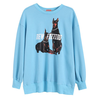 犬模様 長袖Tシャツ 2色 ふんわりカップル服 フリーサイズ ブルー ホワイト プルオーバー