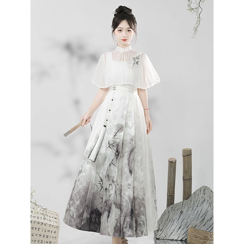 【停云落月---水墨寒江シリーズ】チャイナ風ワンピースセット 中華服 つりワンピース＋トップス 水墨柄