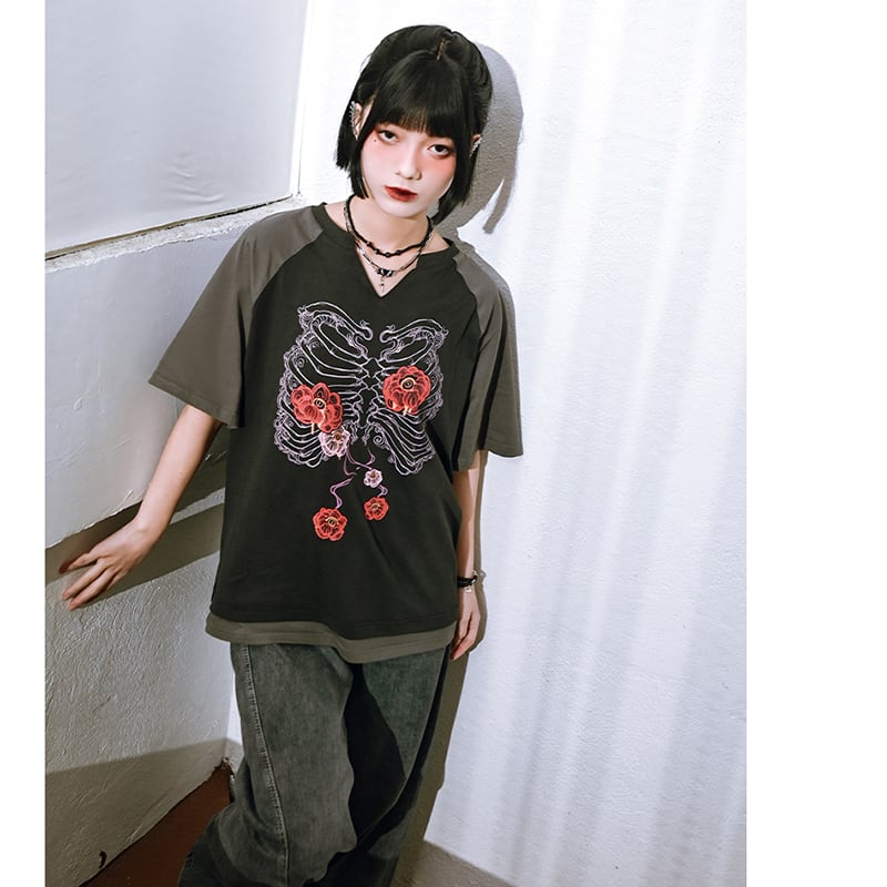【古怪舍---花骨シリーズ】チャイナ風 半袖 Tシャツ プリント 個性的 オリジナル Vネック コットン トップス