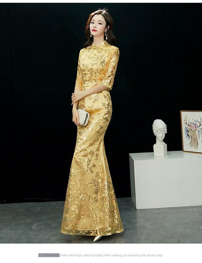 【ELEGANT】チャイナドレス マーメイドライン スパンコール ドレス ロング丈 イエロー 黄色い 大きいサイズ S M L LL 3L 4L 着痩せ 魅力的な姿になろう 細見効果抜群 - ChinChic