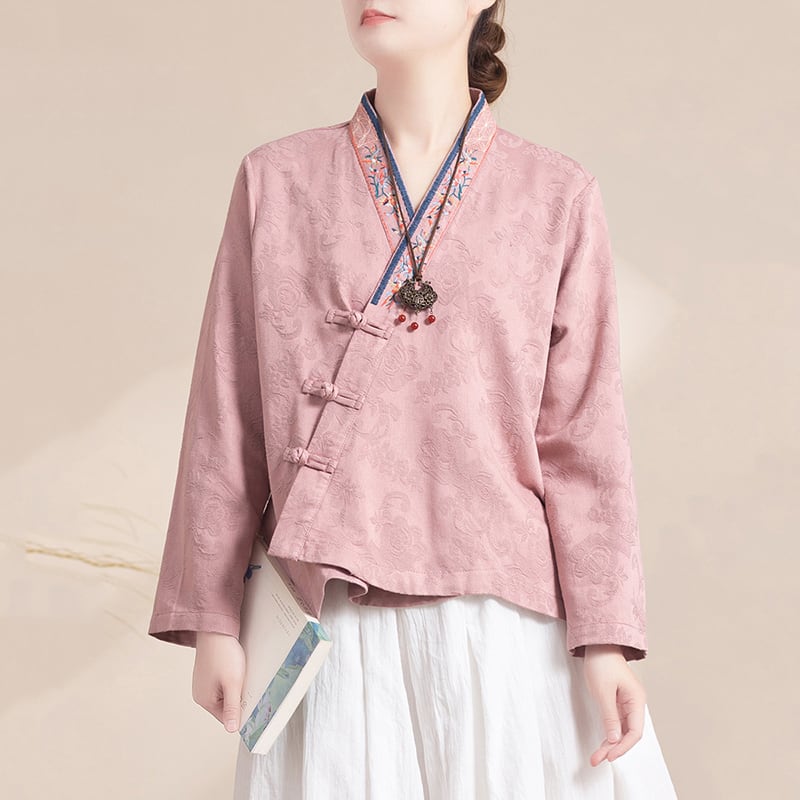 【清裊シリーズ】チャイナ風刺繍シャツ 長袖 Vネック レディース 4色展開 シャツアウター