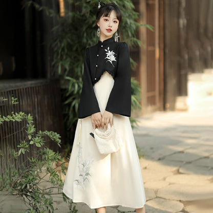 【漢如初---風鈴百合シリーズ】チャイナ風セットアップ 2点セット トップス つりワンピース 中華服 漢服 ワンピース