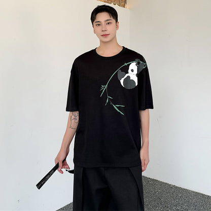 【ZHUIYIシリーズ】チャイナ風 半袖 Tシャツ 2色 竹柄 パンダ メンズ カジュアル 黒 白