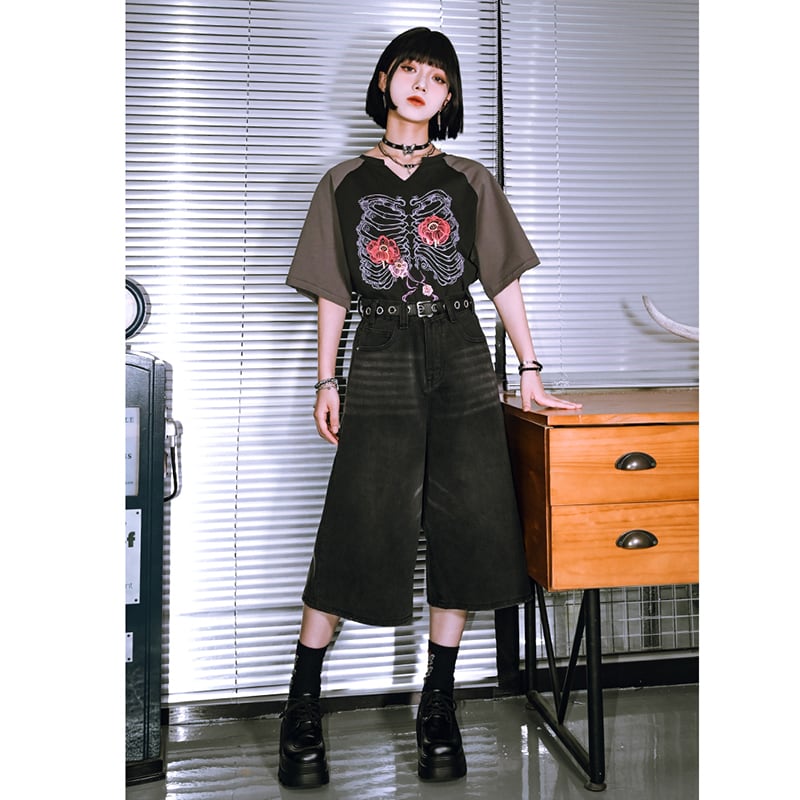 【古怪舍---花骨シリーズ】チャイナ風 半袖 Tシャツ プリント 個性的 オリジナル Vネック コットン トップス