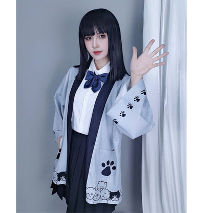 【倉寶兒屋シリーズ】チャイナ風法被 猫柄プリント 夏服 薄手 ブラック ライトグレー 2色