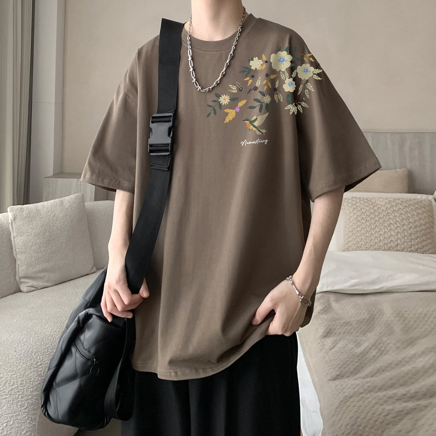 【KADISHOUシリーズ】チャイナ風トップス Tシャツ 半袖 男女兼用 大きいサイズ コットン 鳥 花柄 9色展開