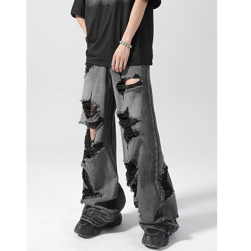 【GZXXシリーズ】デニムパンツ レディース メンズ ボトムス ダメージ加工 黒灰色 おしゃれ