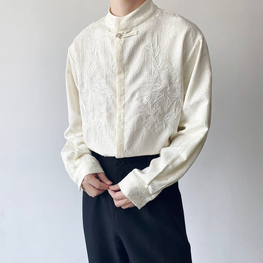 【入画シリーズ】チャイナ風シャツ 長袖 トップス 男女兼用 メンズ 竹柄 カジュアル 2色 M L XL